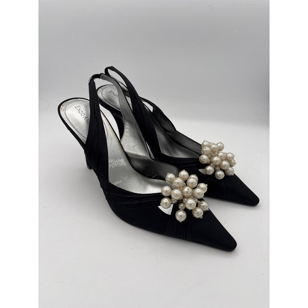 Women’s Enzo Angiolini Size 8 Black Satin Slingback Heels w/ Pearl Details - Picture 2 of 5